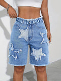 Girls Denim Shorts with Star Patches and Frayed Hems in Blue for Casual Summer and Weekend Outfits