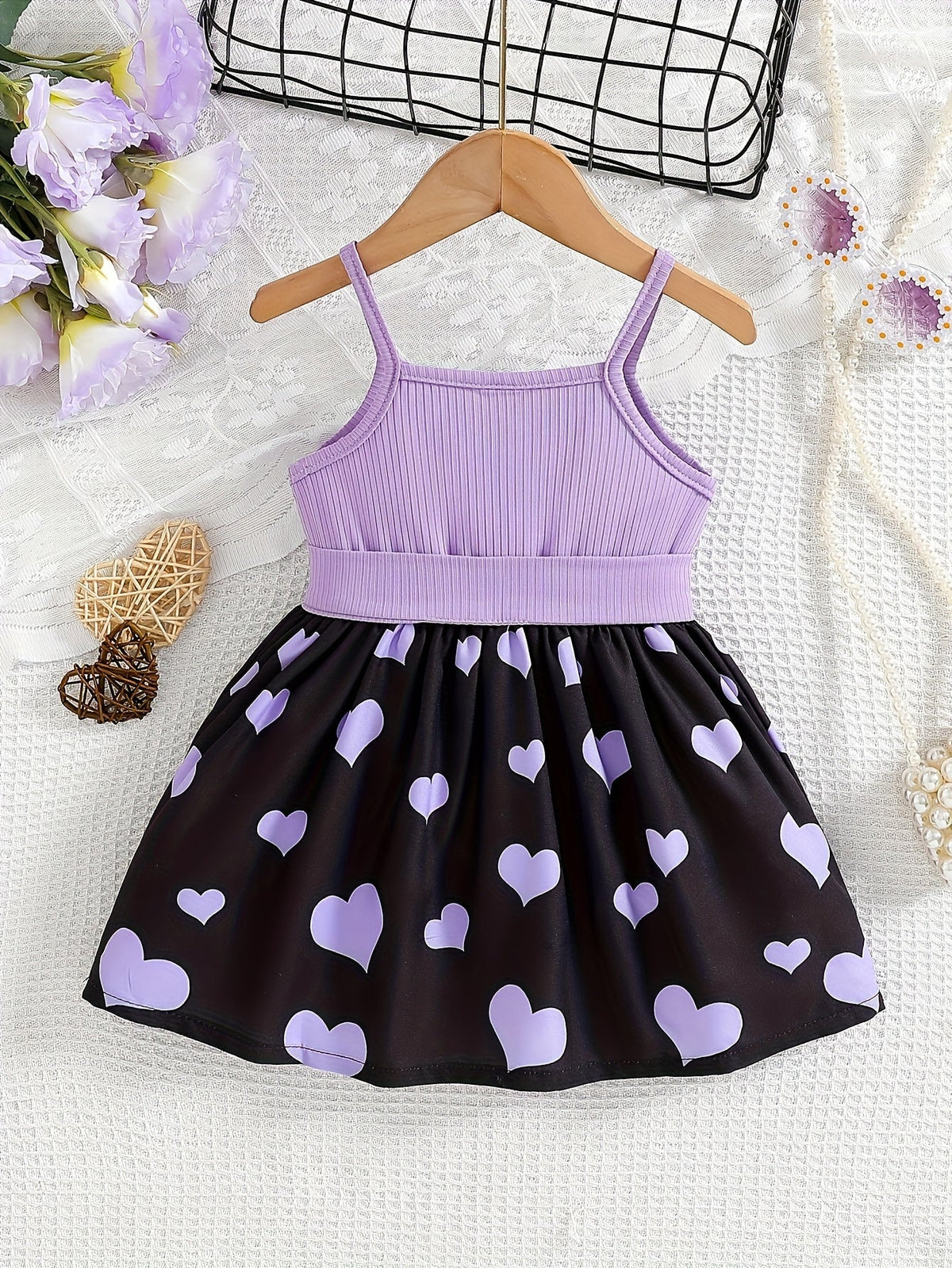 Girls' Sleeveless Bow Dress with Heart Print Skirt and Cartoon Character Design for Summer Outfits
