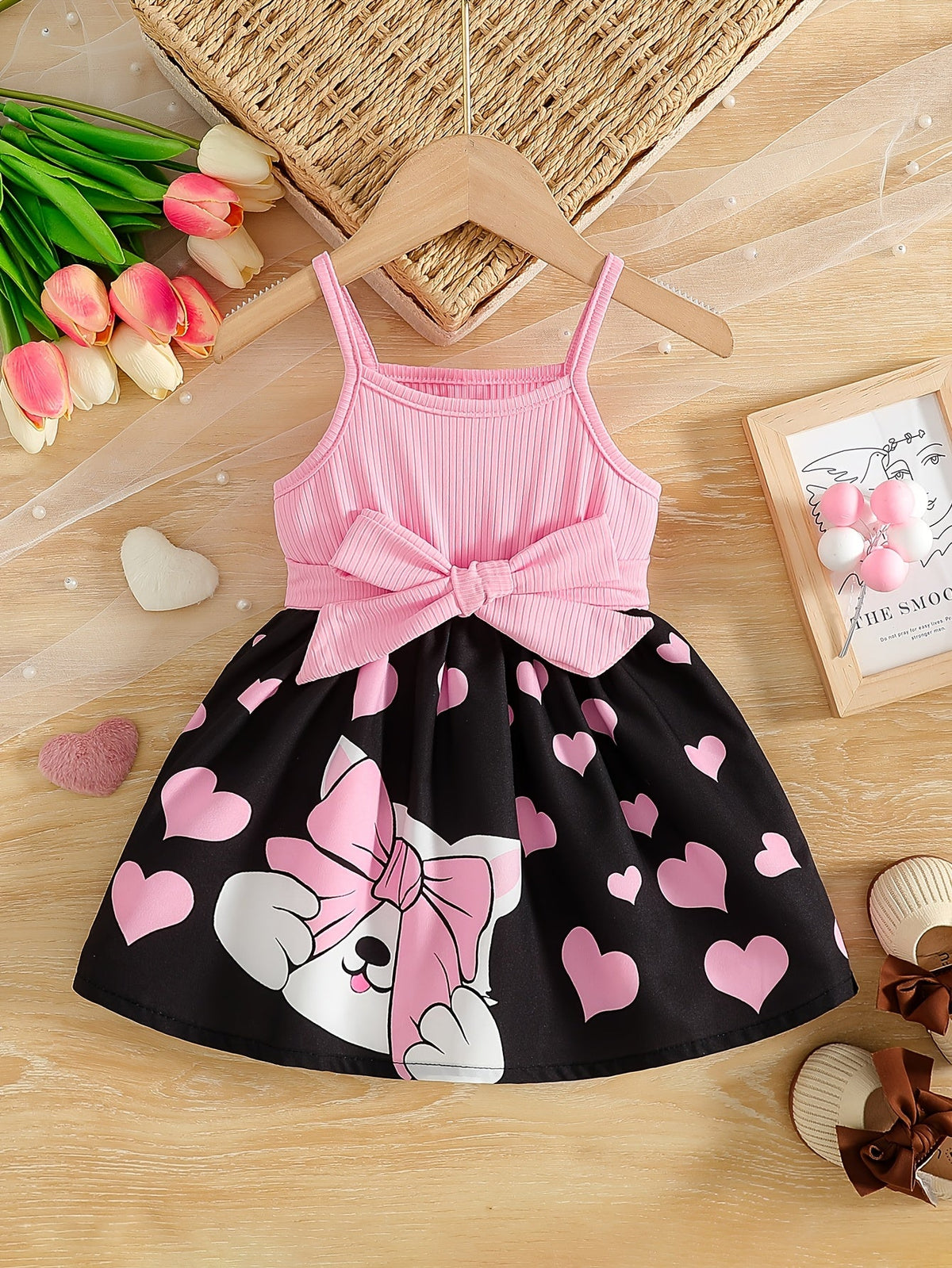 Girls' Sleeveless Bow Dress with Heart Print Skirt and Cartoon Character Design for Summer Outfits