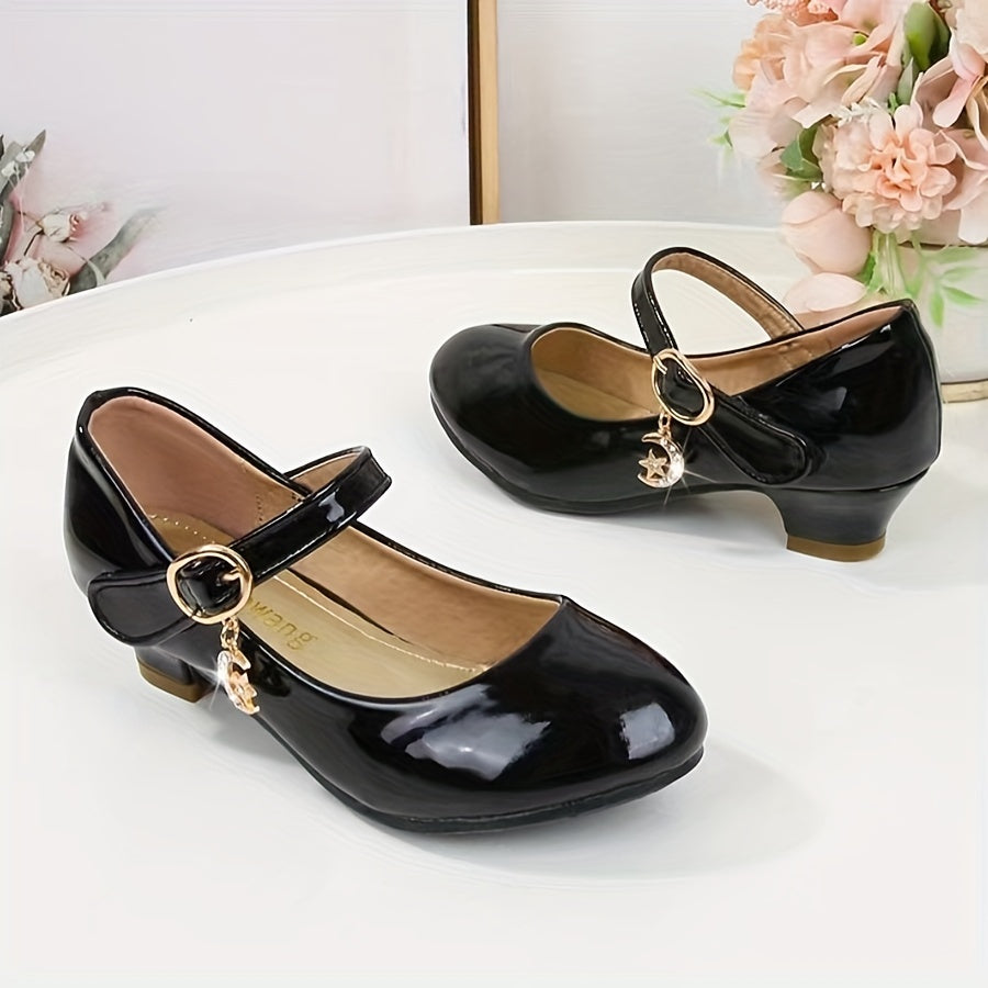 Girls' Black Mary Jane Shoes with Glossy Uppers and Low Heels for Parties and Special Occasion Outfits
