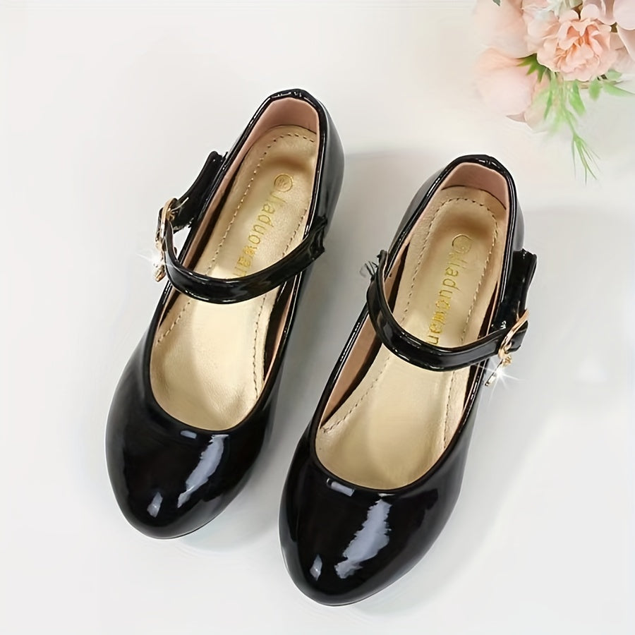 Girls' Black Mary Jane Shoes with Glossy Uppers and Low Heels for Parties and Special Occasion Outfits