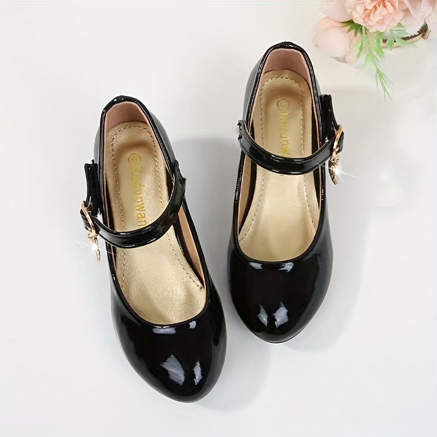 Girls' Black Mary Jane Shoes with Glossy Uppers and Low Heels for Parties and Special Occasion Outfits