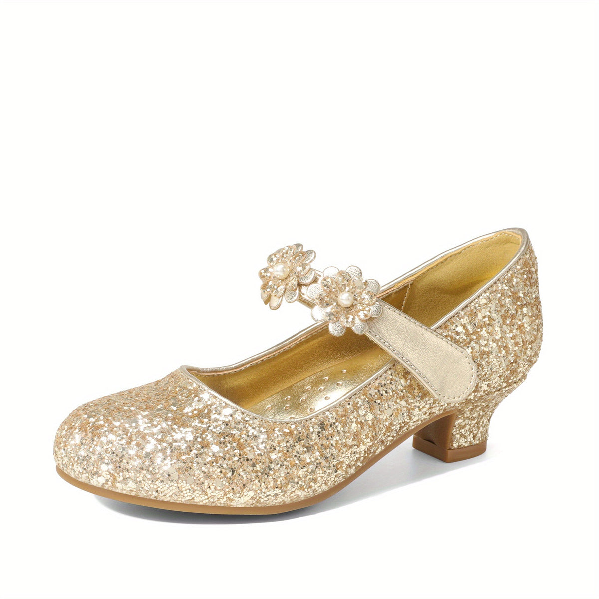 Floral Mary Jane Pumps for Girls with Rounded Toes and Low Heels in Black, White or Glittering Gold