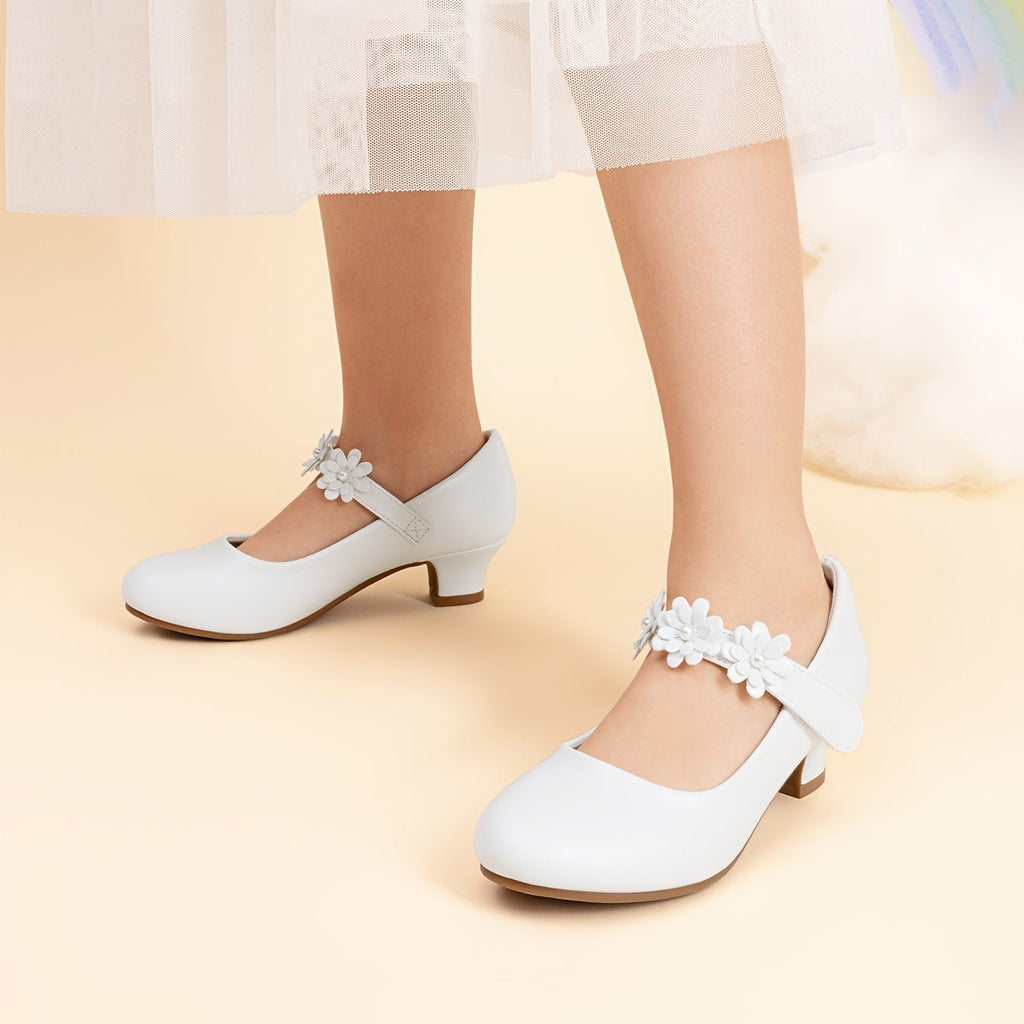 Floral Mary Jane Pumps for Girls with Rounded Toes and Low Heels in Black, White or Glittering Gold