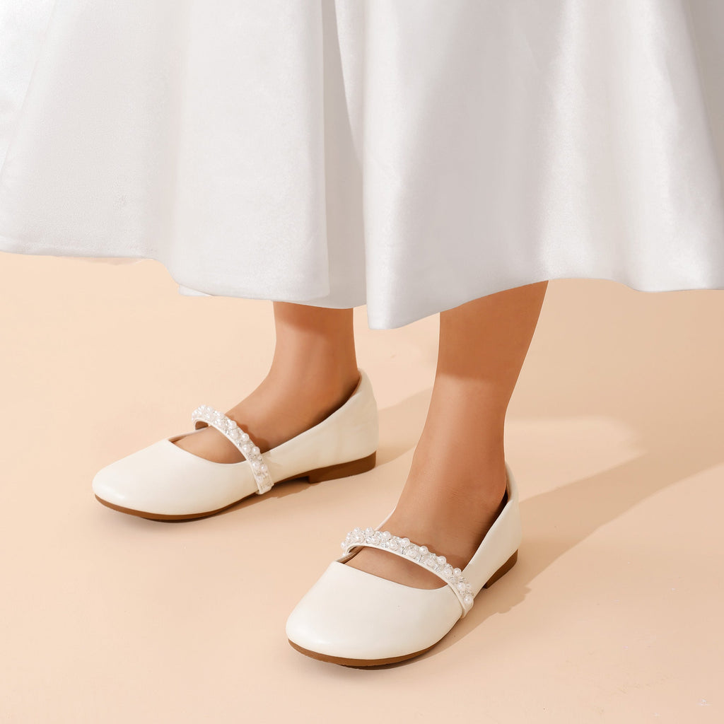 Mary Jane Flats for Girls with Pearl Look Strap Decorations and Sparkling Details for Dressy Outfits