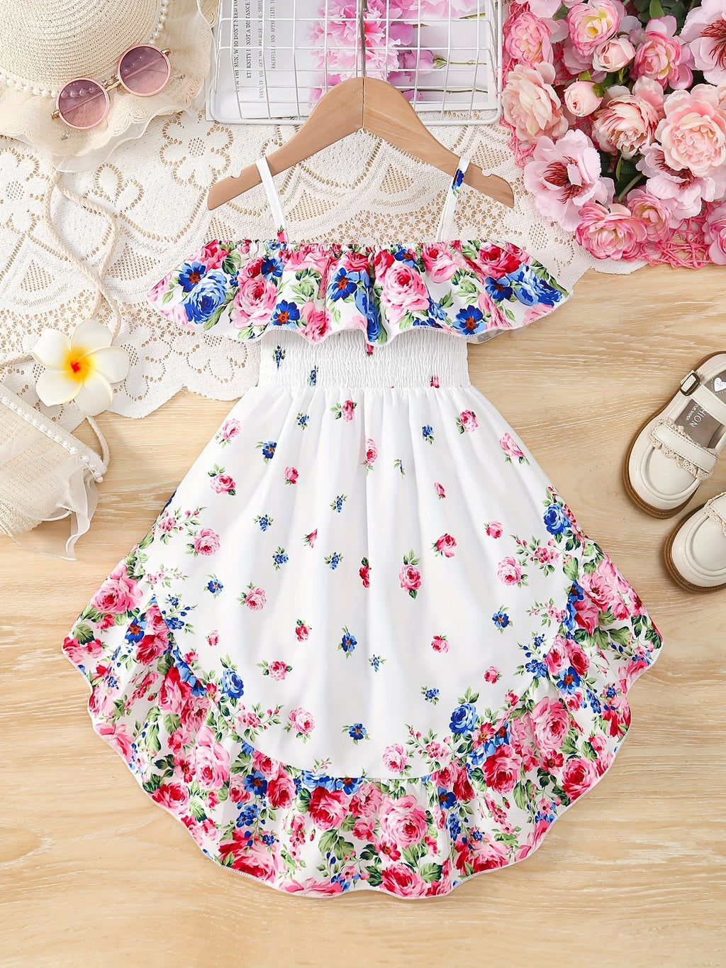 Girls' White Floral Dress with a Ruffled Cold Shoulder Neckline and High-Low Hem for Summer Occasions