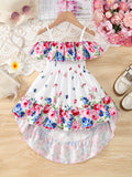 Girls' White Floral Dress with a Ruffled Cold Shoulder Neckline and High-Low Hem for Summer Occasions