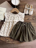 Girls' Floral Shorts Set with Lace-Trimmed Cream Top and Fern Green Ruffled Shorts for Summer Outfits