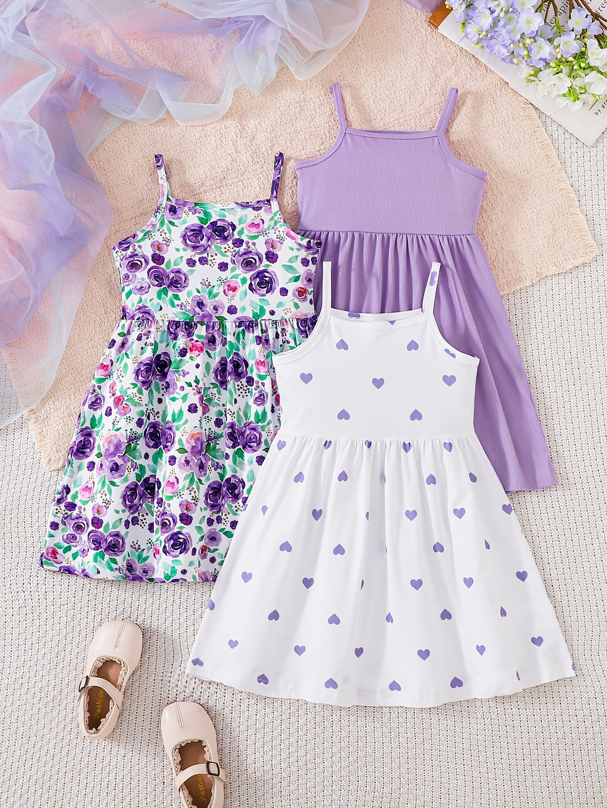 Girls' Printed Sundresses in a Purple Three-Pack Pairing Floral and Heart Designs with a Solid Dress