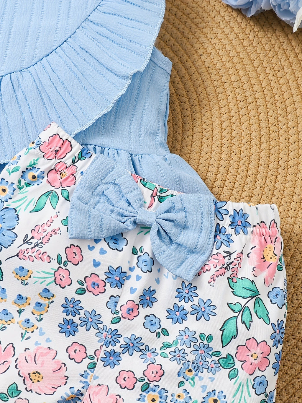 Toddler Girls' Blue Ruffle Top and Shorts Set with Floral Print Bottoms for Cheerful Summer Outings