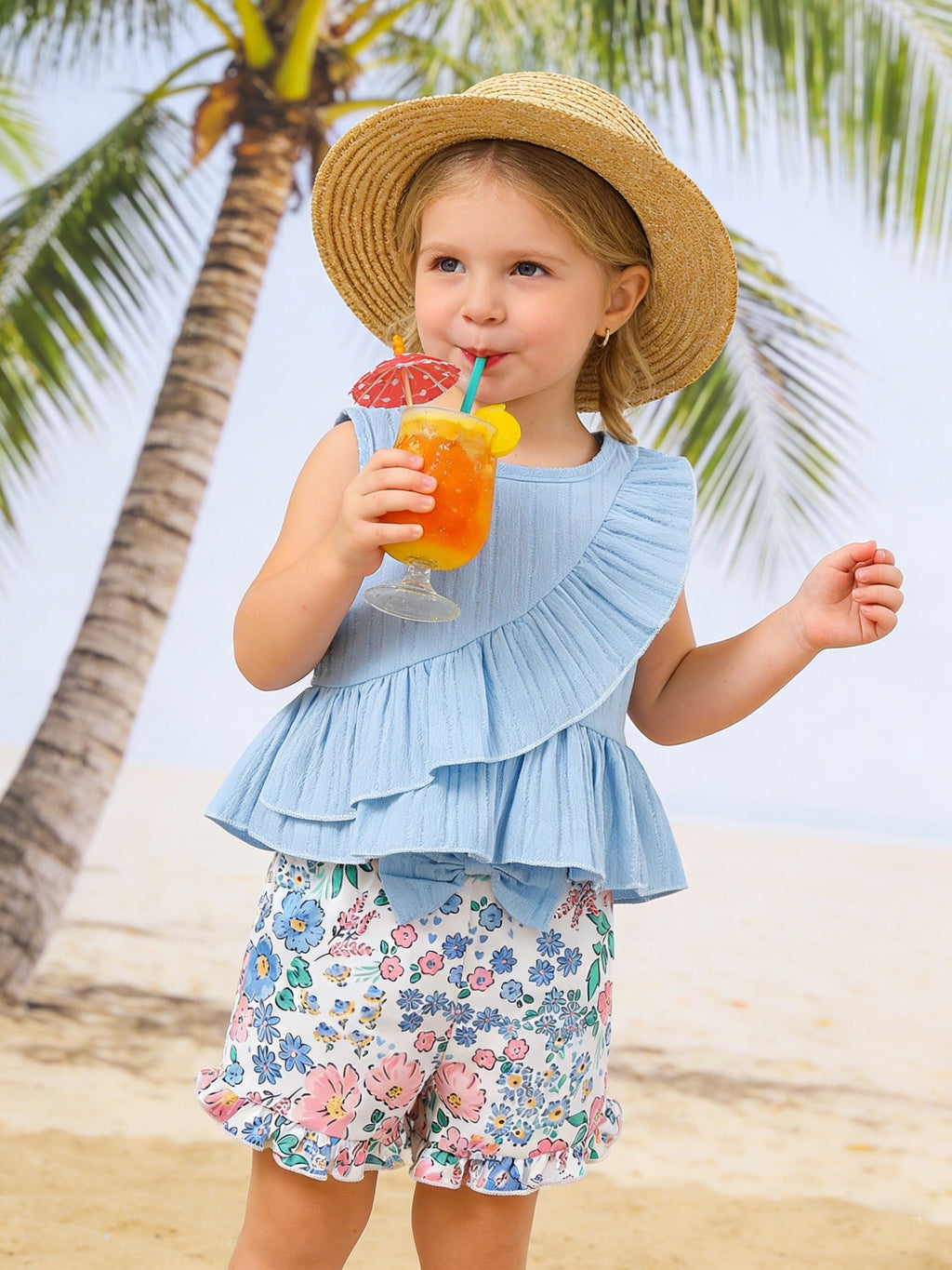 Toddler Girls' Blue Ruffle Top and Shorts Set with Floral Print Bottoms for Cheerful Summer Outings