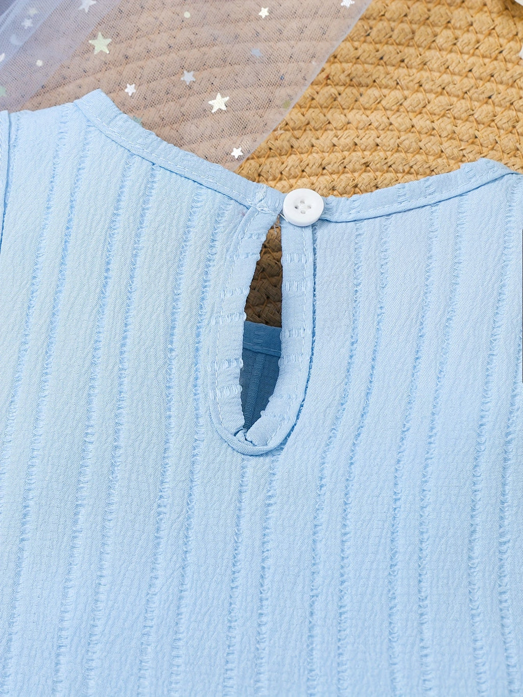 Toddler Girls' Blue Ruffle Top and Shorts Set with Floral Print Bottoms for Cheerful Summer Outings