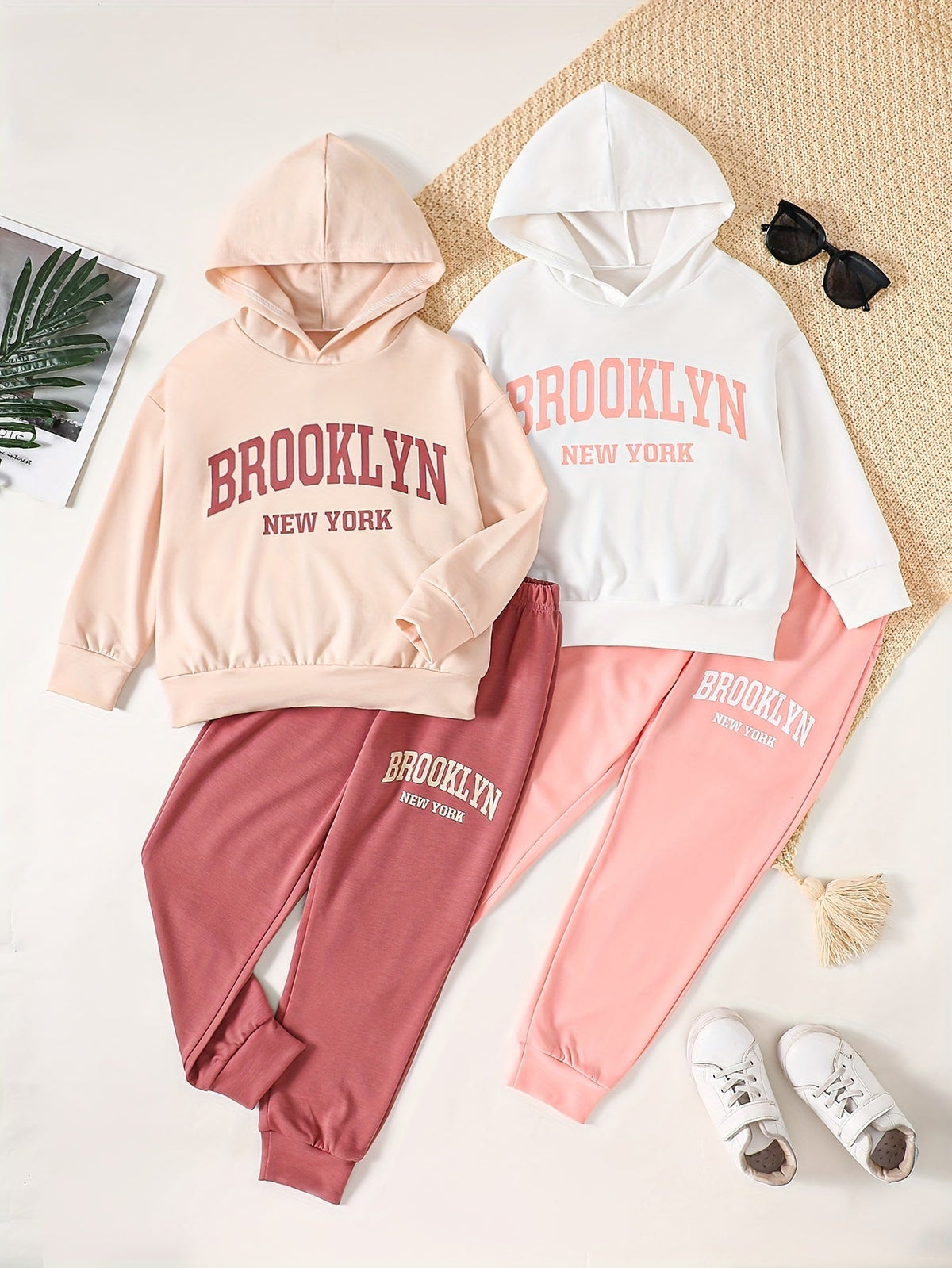 Girls' Brooklyn Tracksuit Set 4 Pieces with Two Hooded Pullovers and Matching Cuffed Jogger Pants