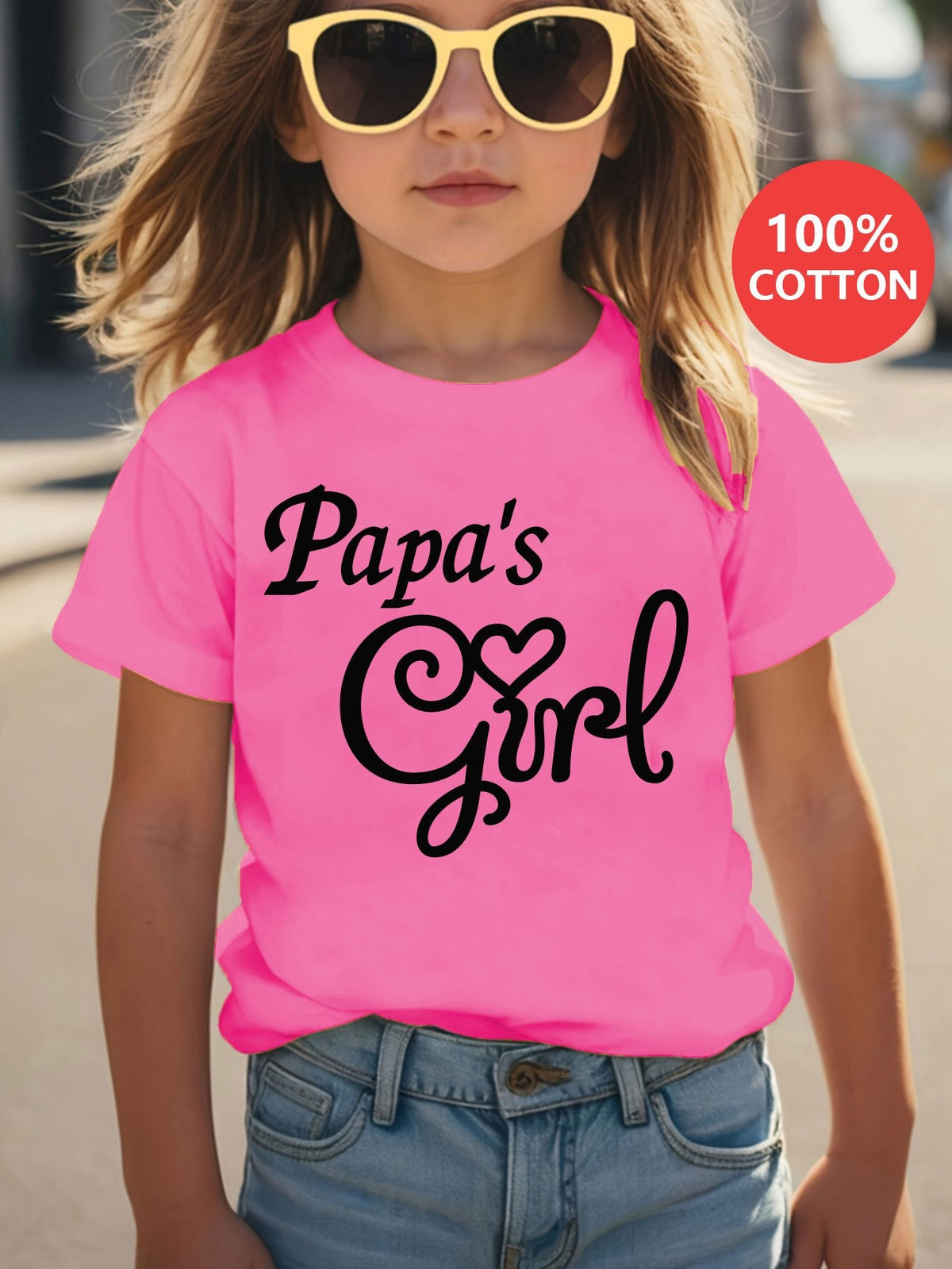 Girls' Papa's Girl Cotton T-Shirt in Rose Red with Heart Lettering and Short Sleeves for Summer Outfits
