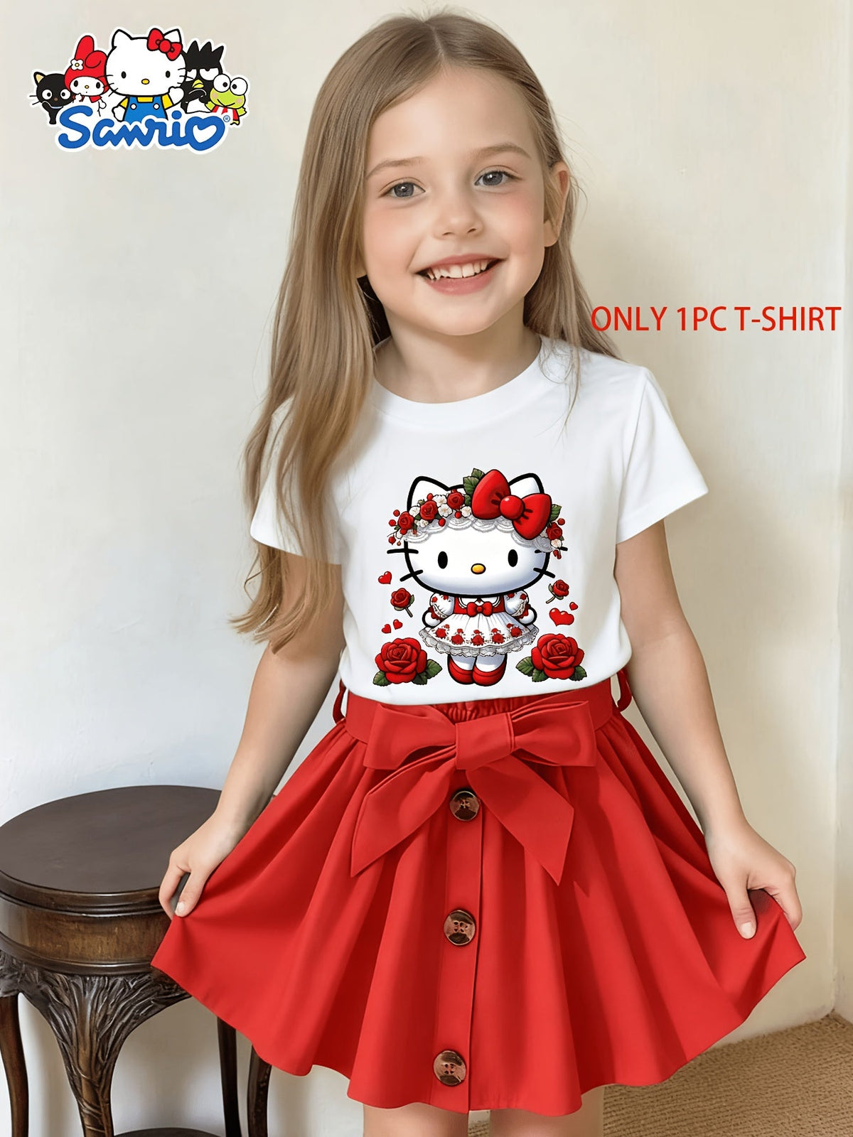 Girls' Hello Kitty Rose Graphic T-Shirt in White with Short Sleeves for Everyday Casual Summer Outfits