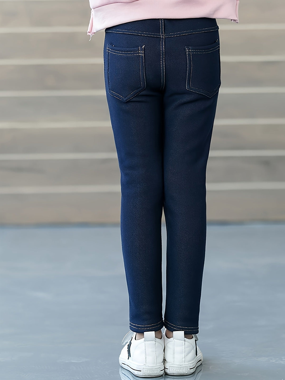 Girls' Lined Jeggings in Dark Blue with Contrast Stitching and Back Pockets for Fall and Winter Outfits