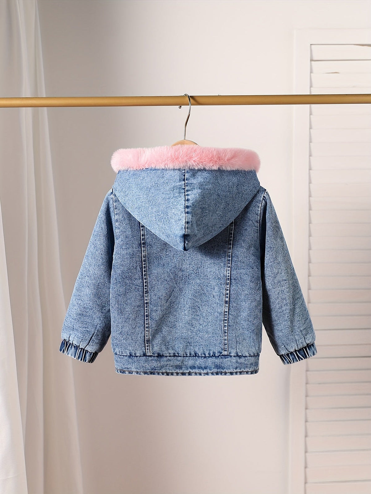 Girls' Hooded Denim Jacket in Blue with Pink Plush Lining and a Button Front for Fall and Winter