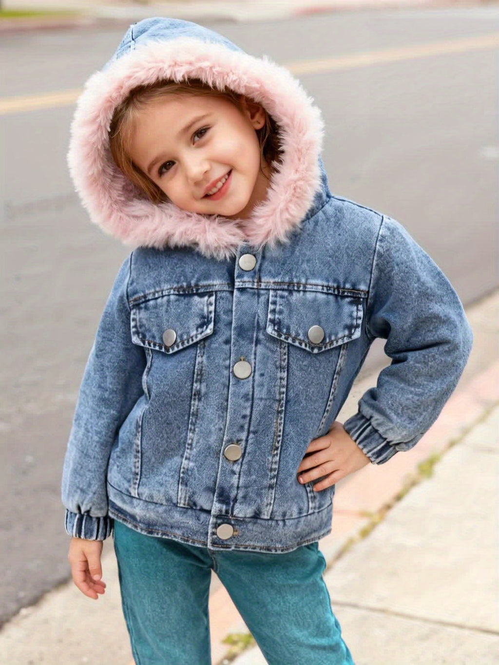 Girls' Hooded Denim Jacket in Blue with Pink Plush Lining and a Button Front for Fall and Winter