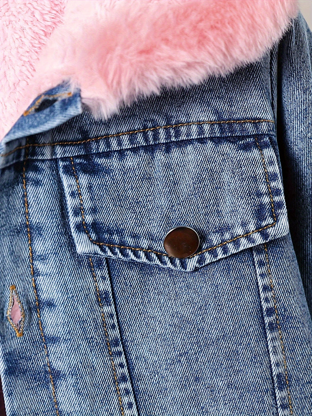 Girls' Hooded Denim Jacket in Blue with Pink Plush Lining and a Button Front for Fall and Winter