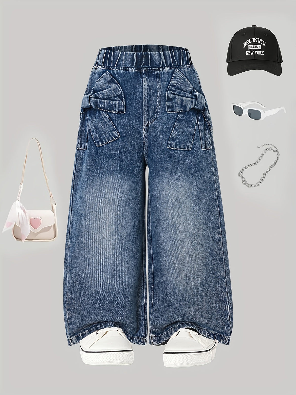 Girls' Wide Leg Denim Jeans in Washed Blue with Large Bow Details and Elastic Waist for Casual Outfits
