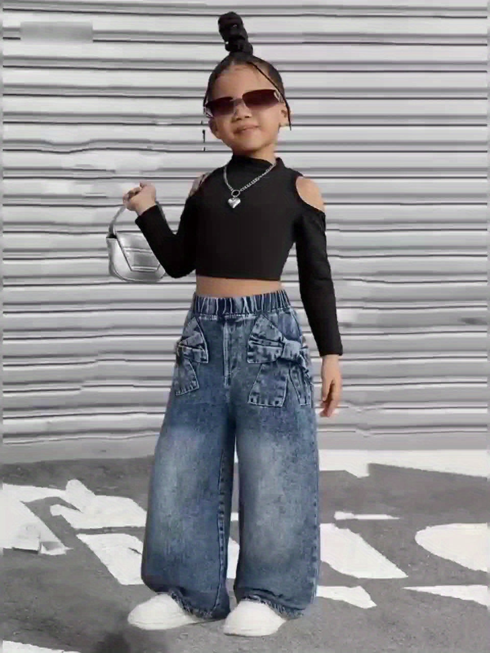Girls' Wide Leg Denim Jeans in Washed Blue with Large Bow Details and Elastic Waist for Casual Outfits