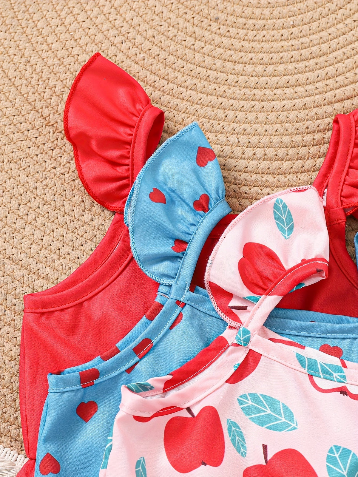 Baby Girls' Short Rompers 3-Pack with Pink Fruit and Blue Heart Prints for Sleeveless Summer Outfits