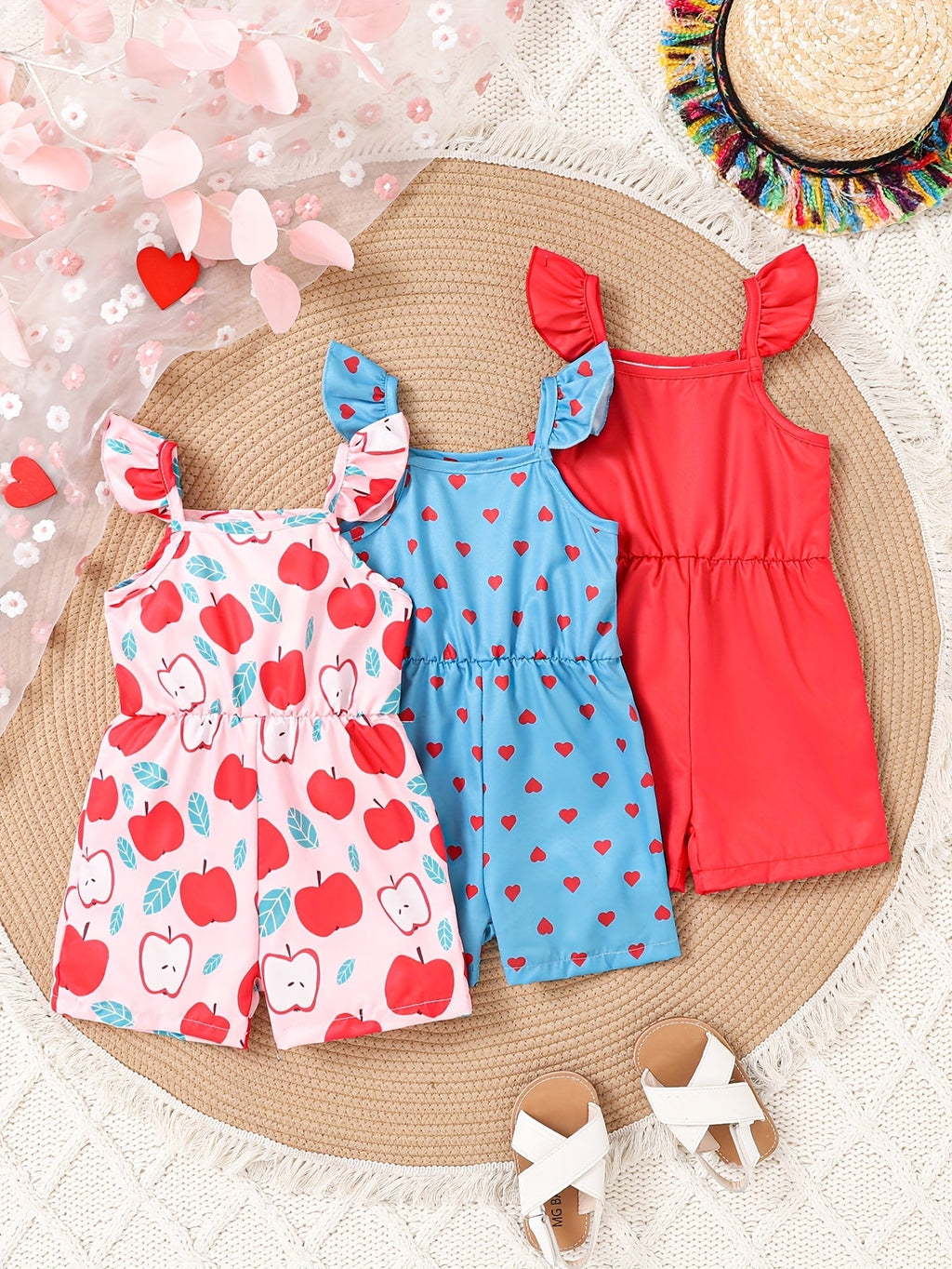 Baby Girls' Short Rompers 3-Pack with Pink Fruit and Blue Heart Prints for Sleeveless Summer Outfits