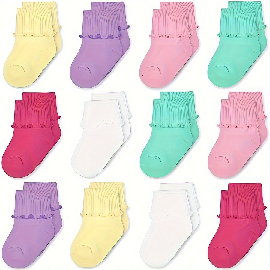 Girls' Ruffle Cuff Socks in Mixed Solid Colors with Folded Ankle Tops for Everyday Dresses and Shoes