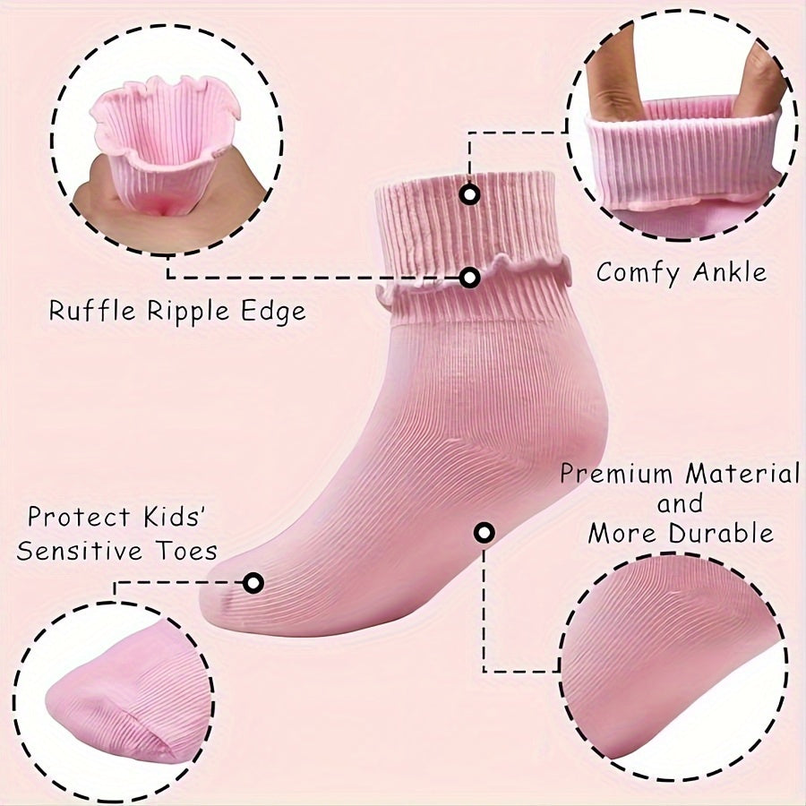 Girls' Ruffle Cuff Socks in Mixed Solid Colors with Folded Ankle Tops for Everyday Dresses and Shoes