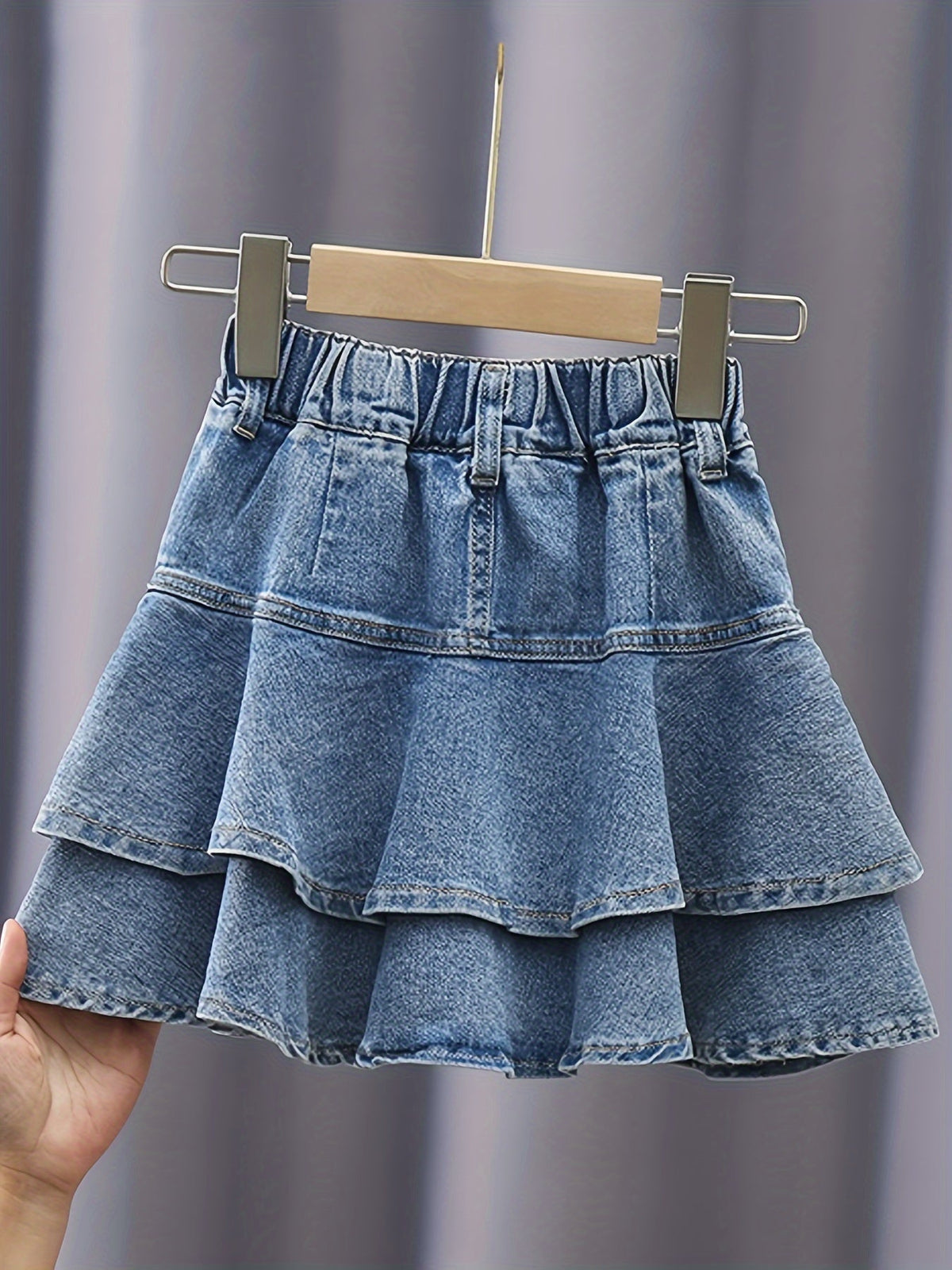 Girls' Blue Tiered Denim Skirt with Front Pockets and a Gathered Waistband for Everyday Summer Outfits