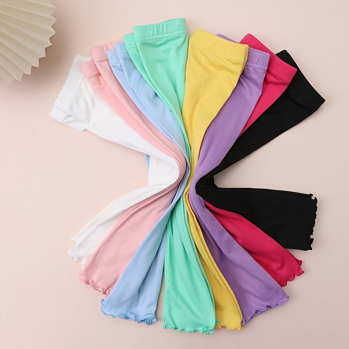 Girls' Eight Pack Colorful Leggings with Lettuce Edge Hems and Elastic Waists for Everyday Layering