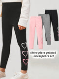 Girls' Heart Print Leggings 3-Pack in Pink, Gray and Black for Everyday School and Casual Outfit Layers