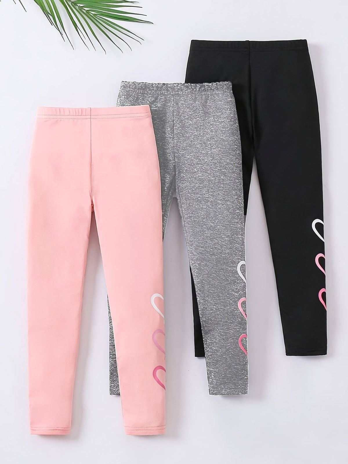 Girls' Heart Print Leggings 3-Pack in Pink, Gray and Black for Everyday School and Casual Outfit Layers