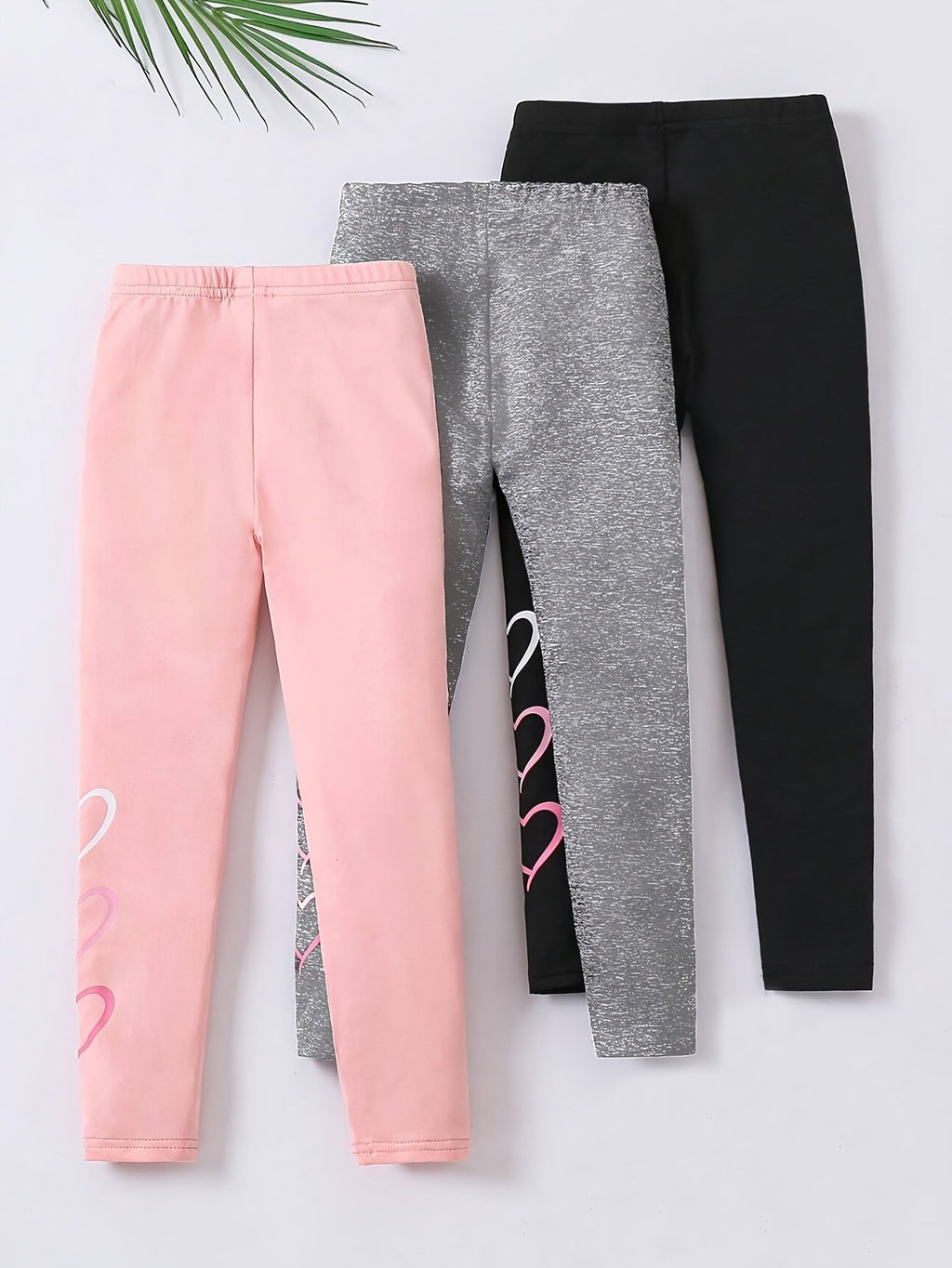 Girls' Heart Print Leggings 3-Pack in Pink, Gray and Black for Everyday School and Casual Outfit Layers