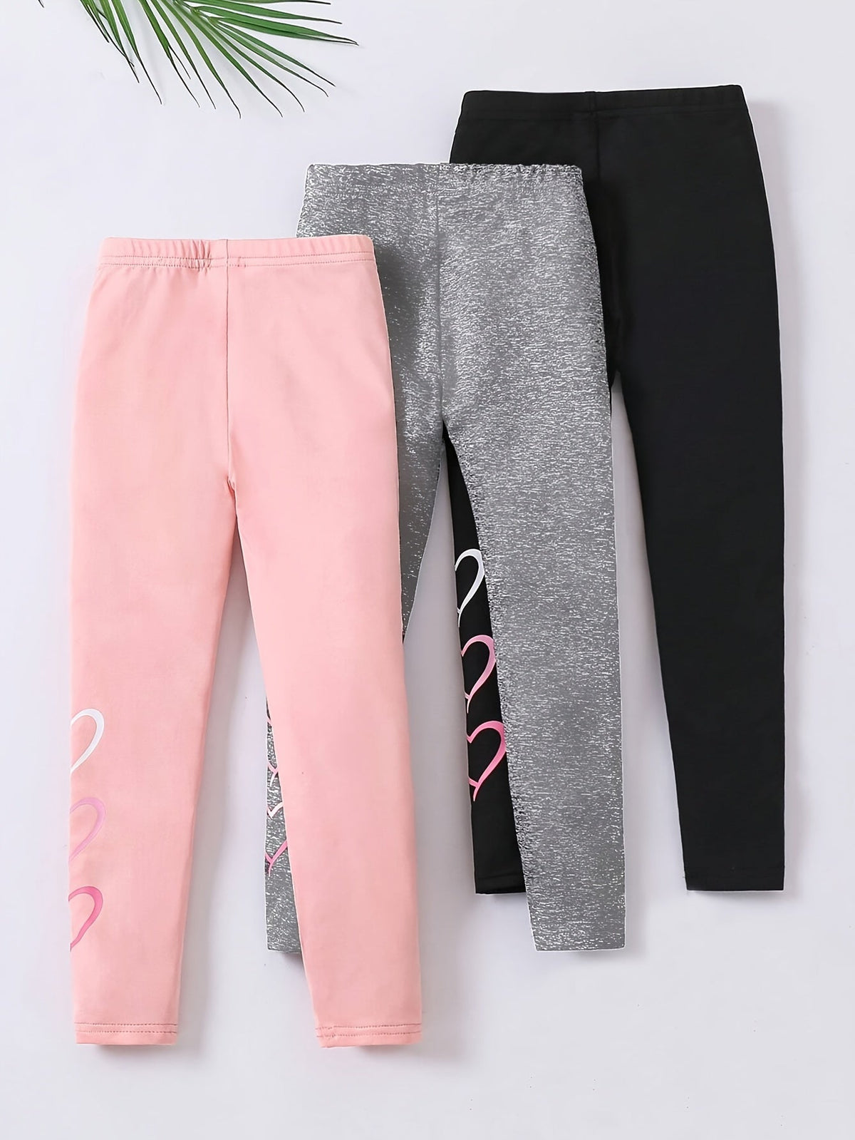 Girls' Heart Print Leggings 3-Pack in Pink, Gray and Black for Everyday School and Casual Outfit Layers