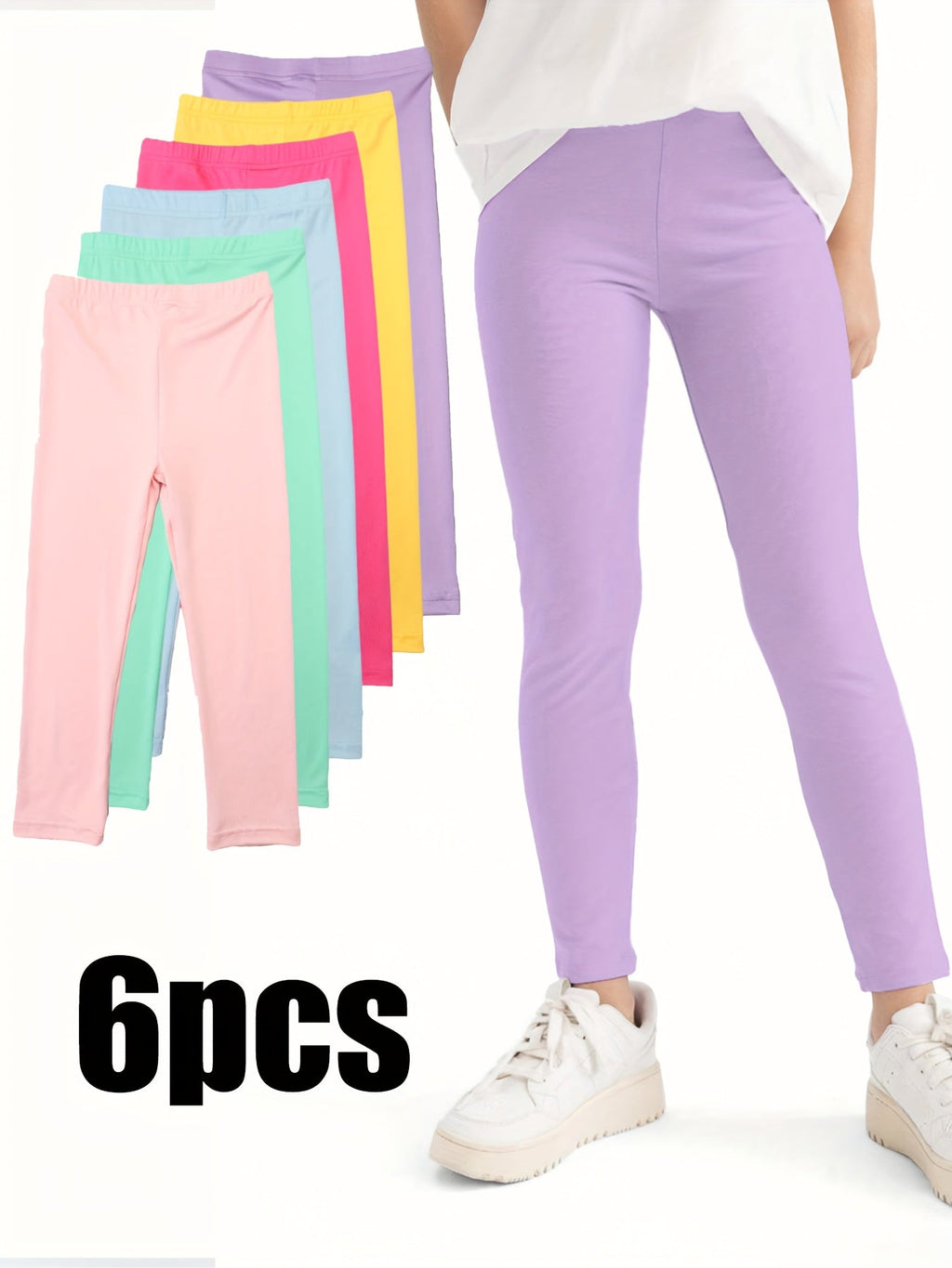 Girls' Six Pack Bright Color Leggings in Stretch Knit with Elastic Waists for Play and Everyday Layering