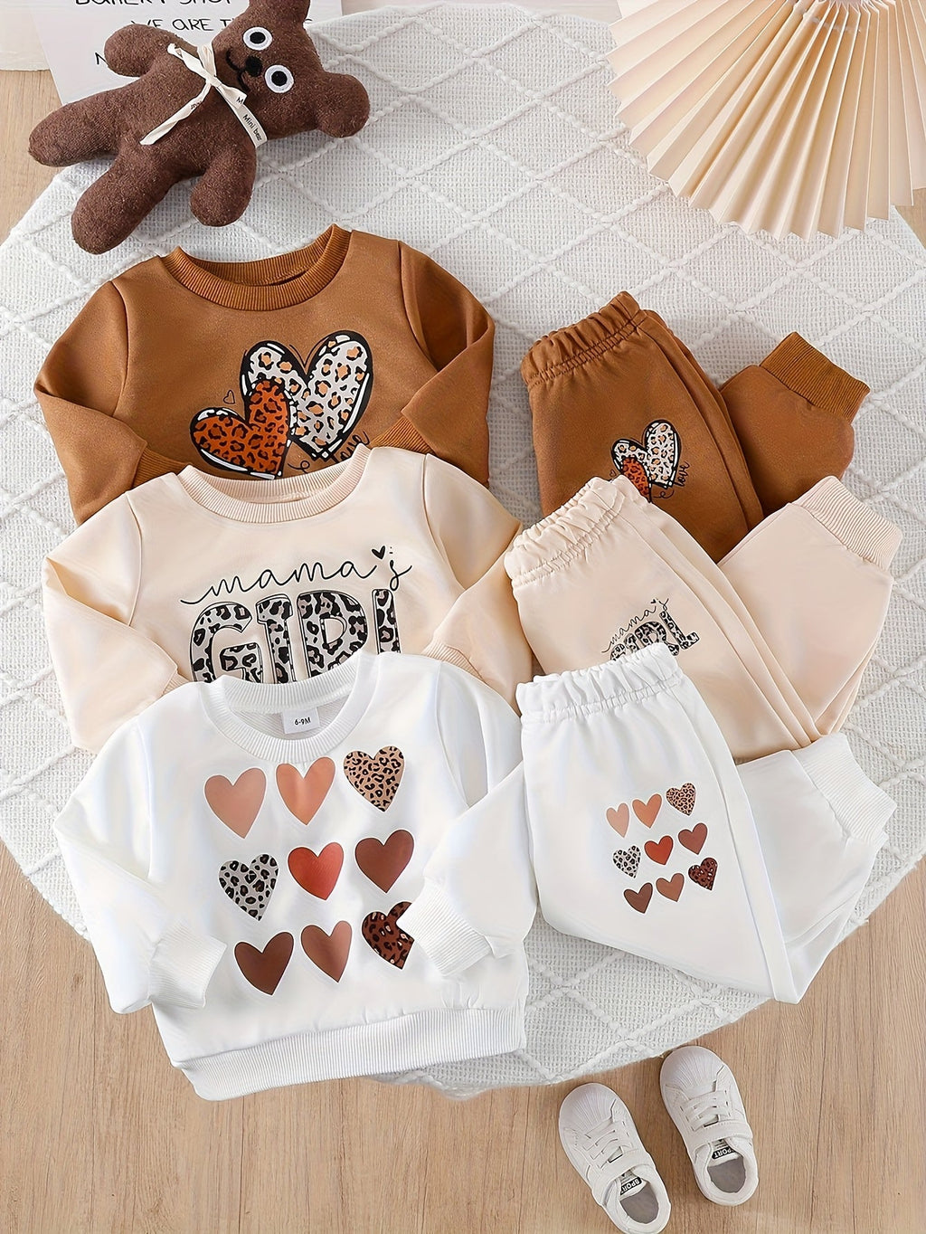 Girls' Sweatshirt and Jogger Sets with Heart and Leopard Prints in a Six-Piece Pack for Everyday Outfits