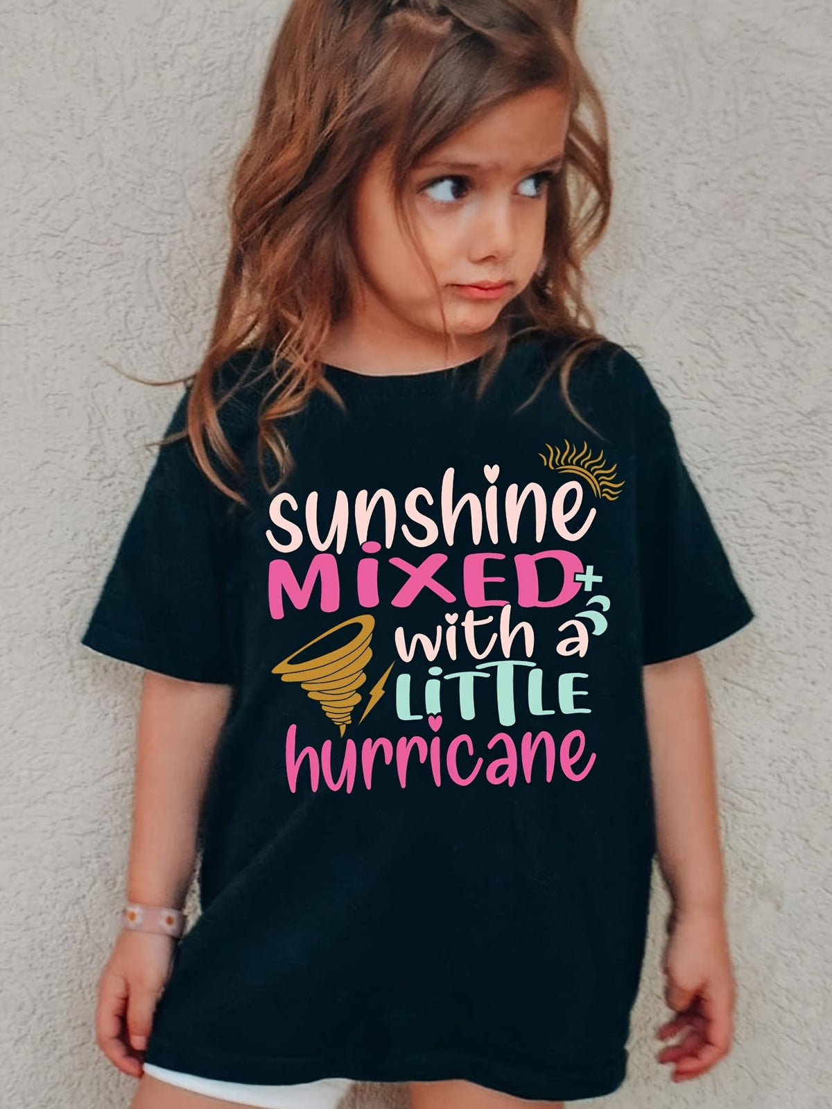 Girls' Sunshine and Little Hurricane T-Shirt in Black with Colorful Lettering for Summer Casual Wear