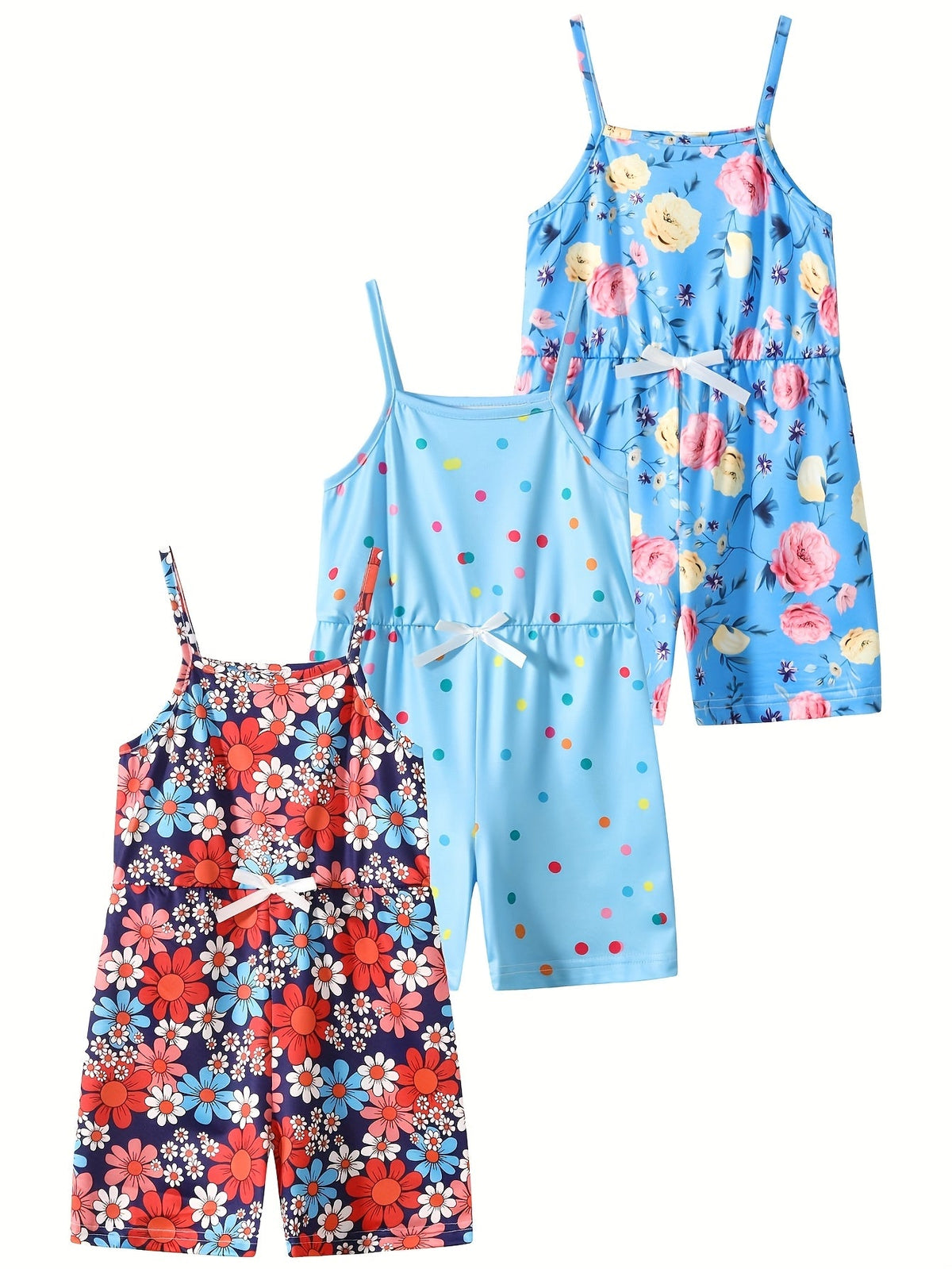 Girls' Three-Piece Random Summer Clothing Assortment Featuring Dresses and Rompers in Mixed Colors