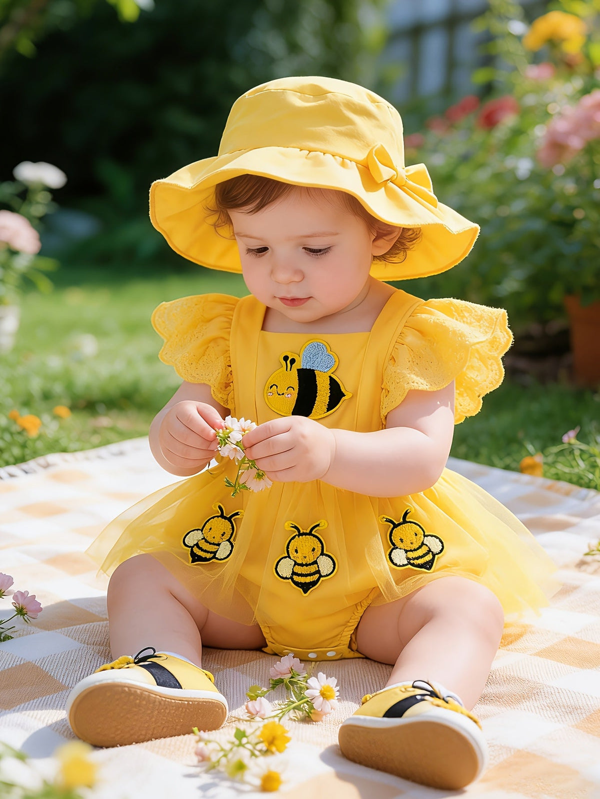 Baby Girls' Yellow Bee Romper and Hat Set with Ruffle Sleeves and a Bow for Sunny-Day Outings