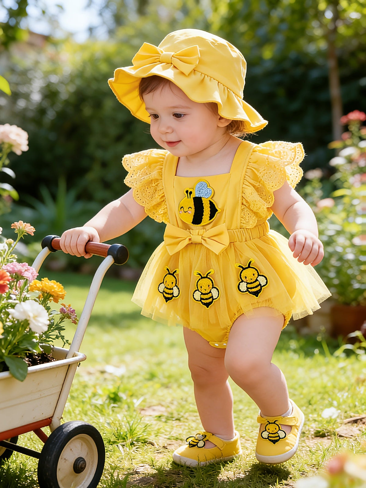 Baby Girls' Yellow Bee Romper and Hat Set with Ruffle Sleeves and a Bow for Sunny-Day Outings