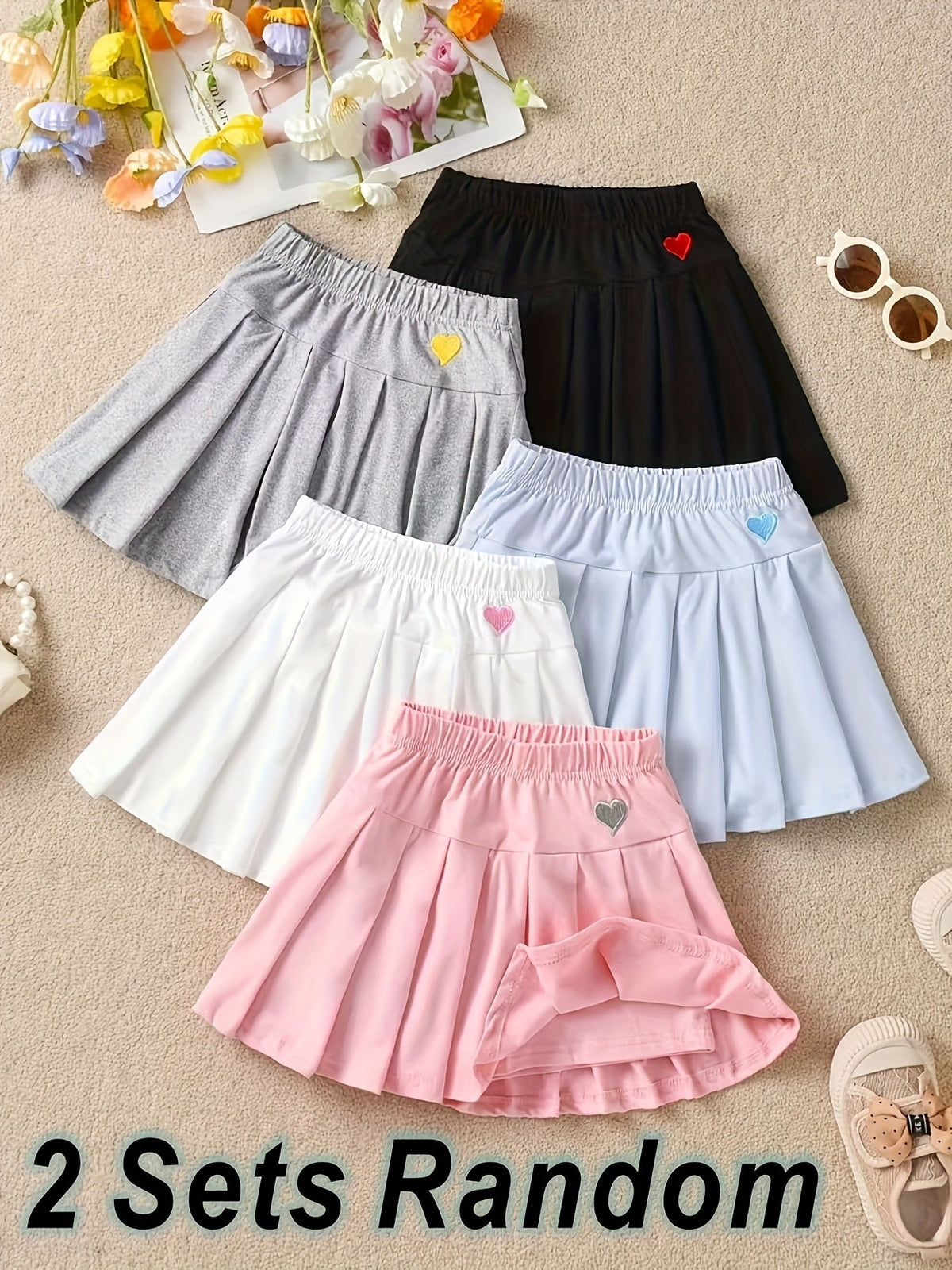 Girls' Pleated Skort 2-Pack in Random Colors with Built-In Shorts and Small Heart Patches at the Waist