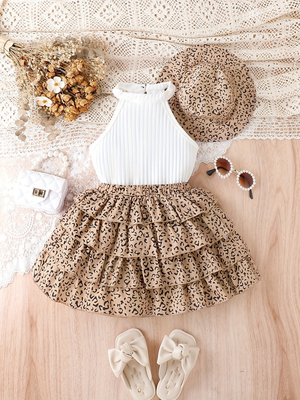 Girls' Leopard Skirt Set with a Black Ribbed Halter Top and Matching Hat for Casual Summer Outfits