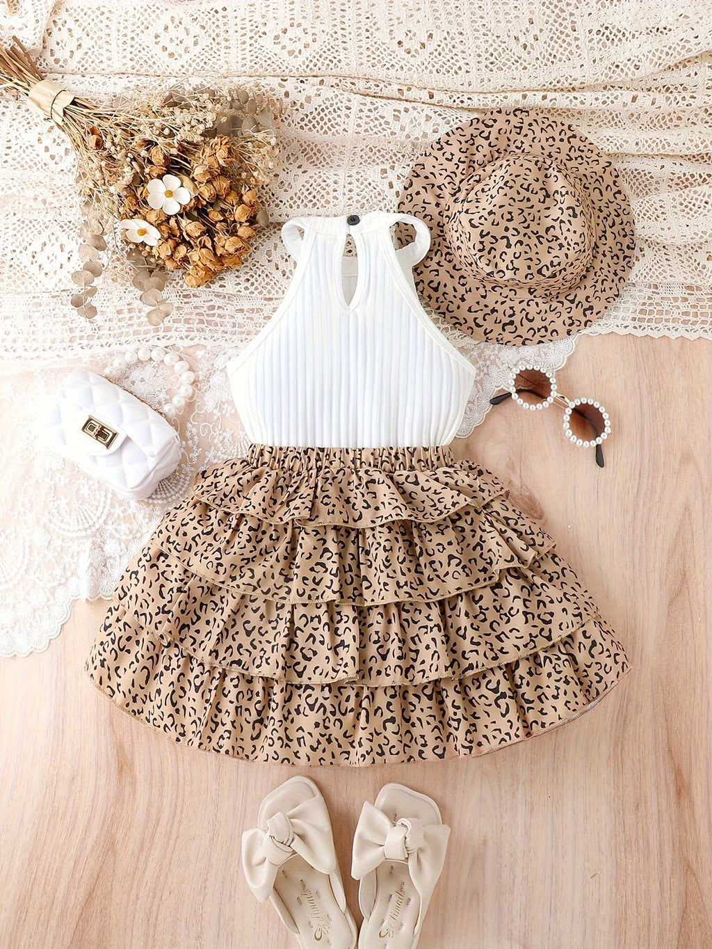 Girls' Leopard Skirt Set with a Black Ribbed Halter Top and Matching Hat for Casual Summer Outfits