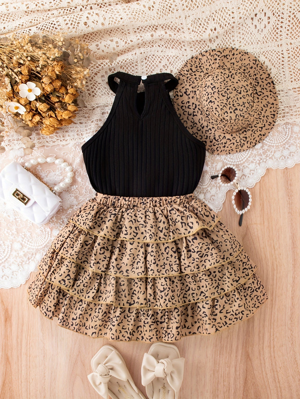 Girls' Leopard Skirt Set with a Black Ribbed Halter Top and Matching Hat for Casual Summer Outfits