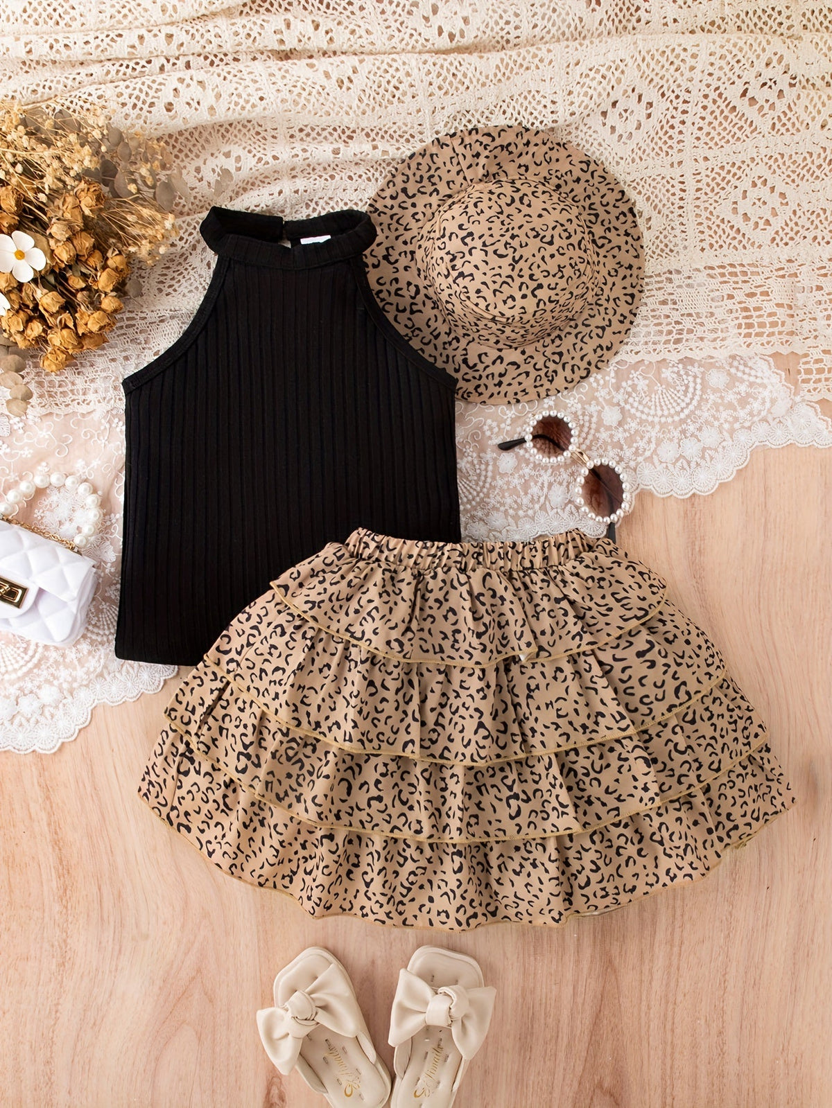 Girls' Leopard Skirt Set with a Black Ribbed Halter Top and Matching Hat for Casual Summer Outfits