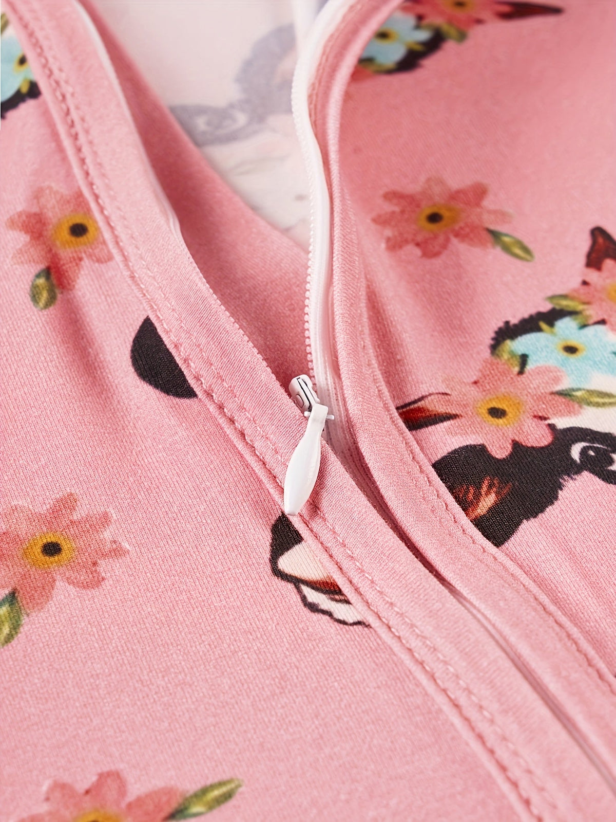 Baby Girl Cow Print Zip Romper in Pink with Floral Details and Long Sleeves for Everyday Changing