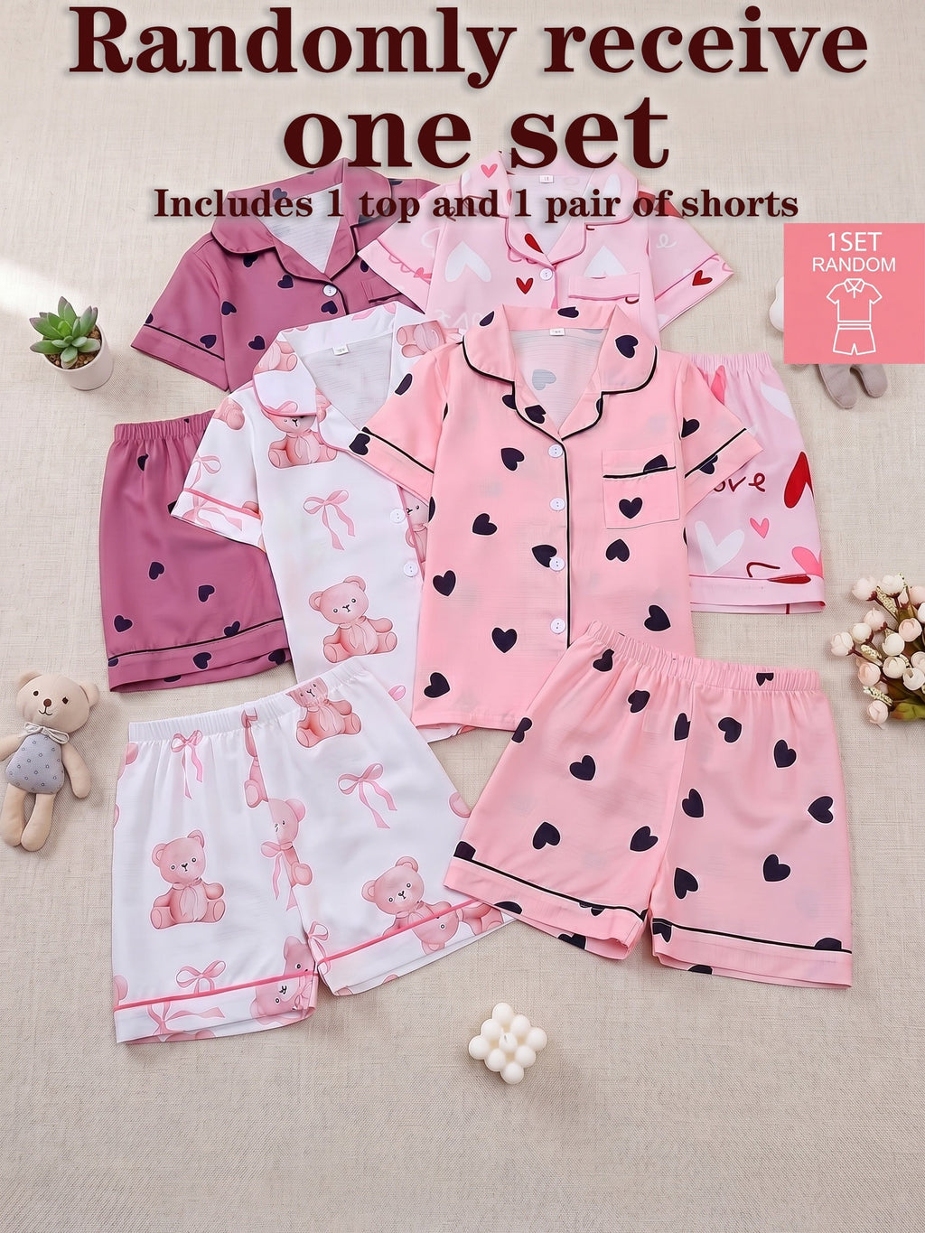 Girls' Short Sleeve Pajama Set with Button Front Shirt and Shorts in a Random Heart or Bear Print