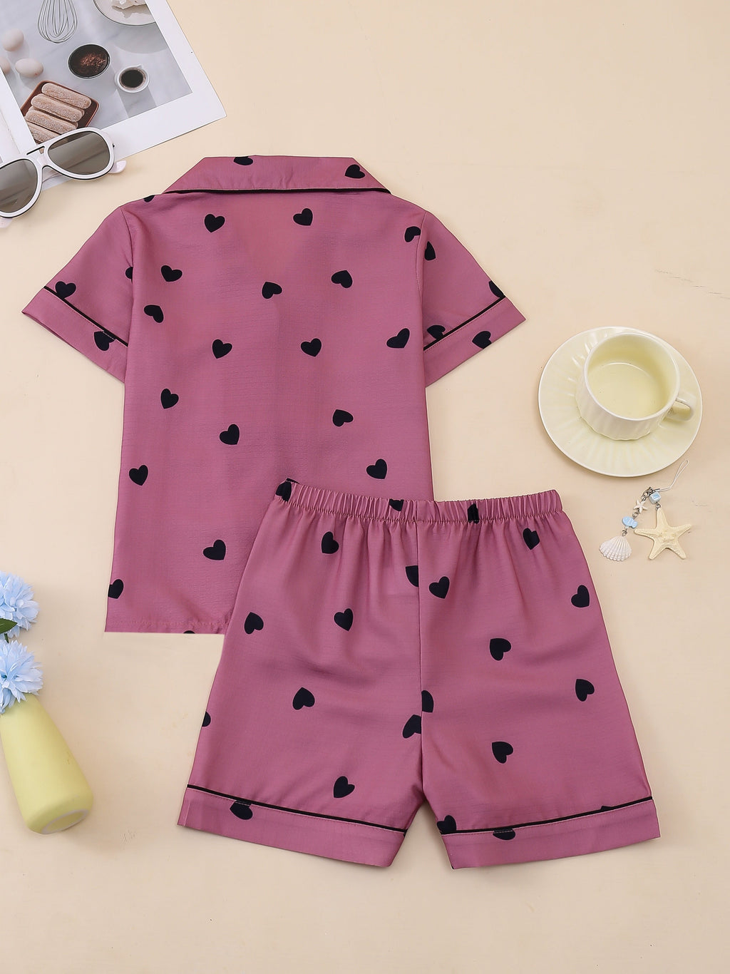 Girls' Short Sleeve Pajama Set with Button Front Shirt and Shorts in a Random Heart or Bear Print