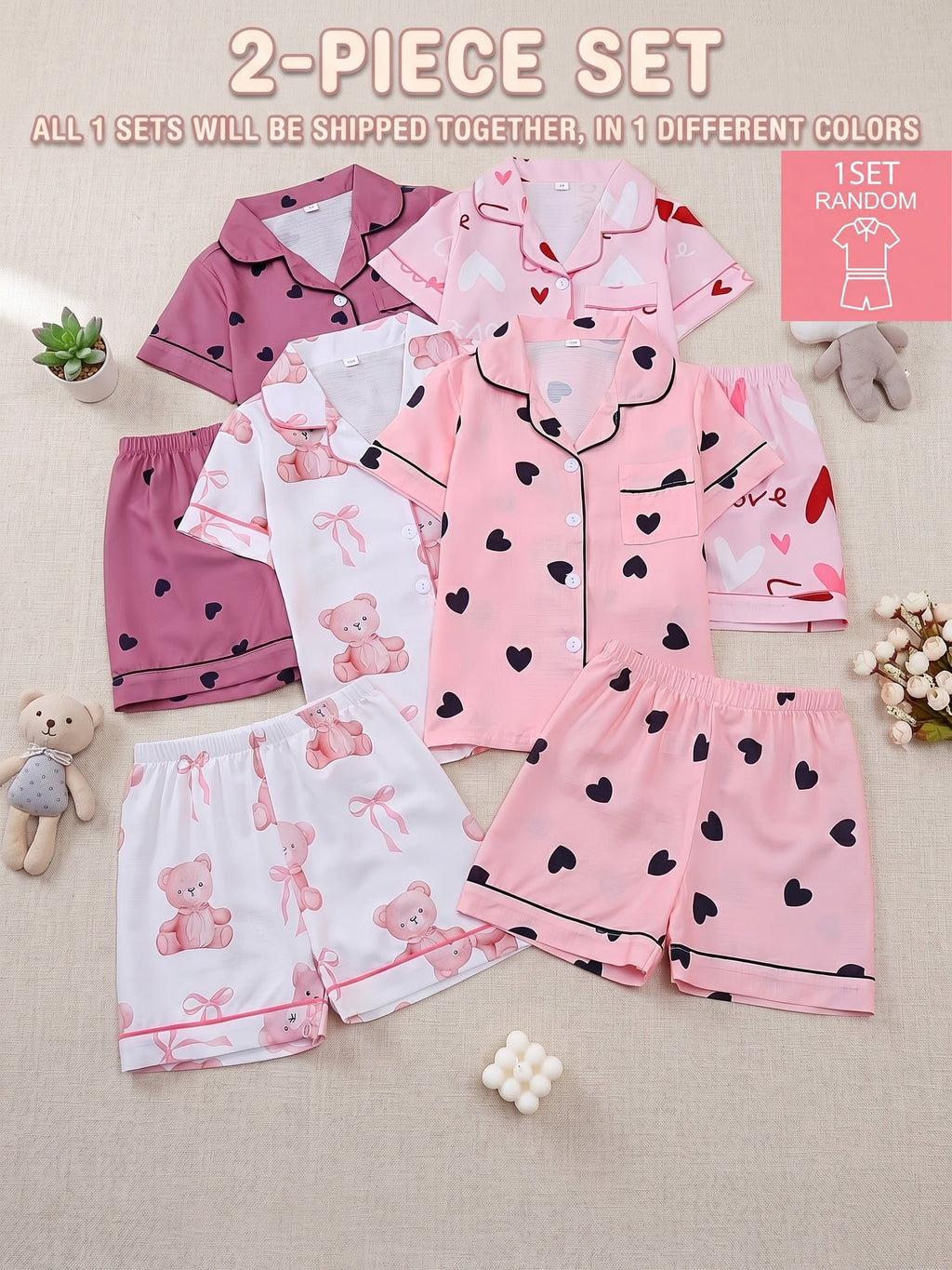 Girls' Short Sleeve Pajama Set with Button Front Shirt and Shorts in a Random Heart or Bear Print